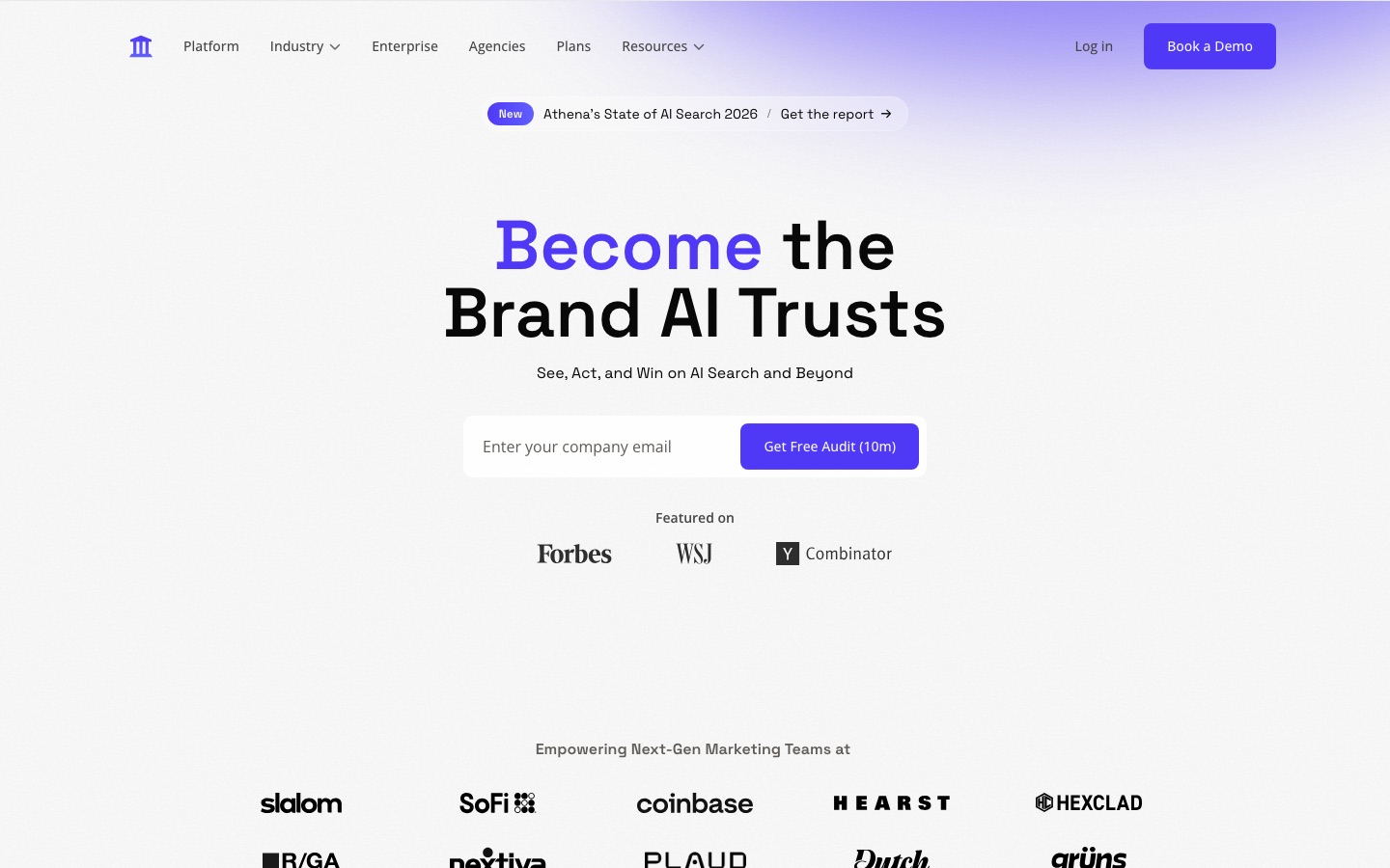 AthenaHQ homepage headline: Become the Brand AI Trusts, with a free audit email field