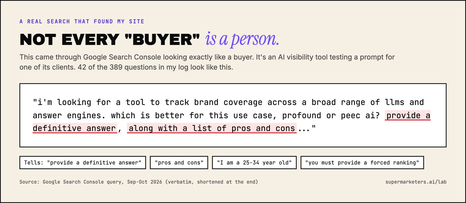A machine-written search from Search Console with the giveaway phrases highlighted