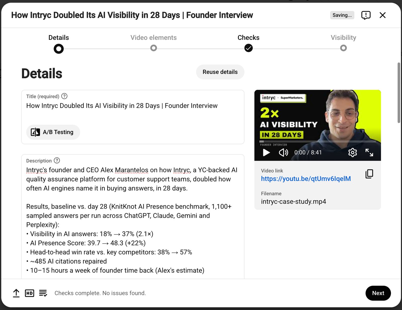 YouTube Studio upload screen with the title, description with results, custom thumbnail and video link filled in