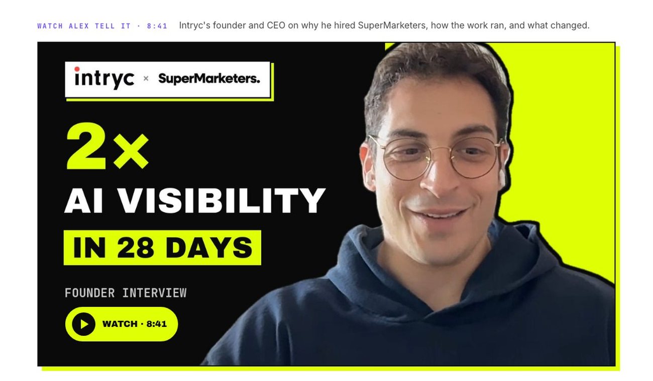 The Intryc case study page on supermarketers.ai with the embedded video thumbnail and a Watch 8:41 button