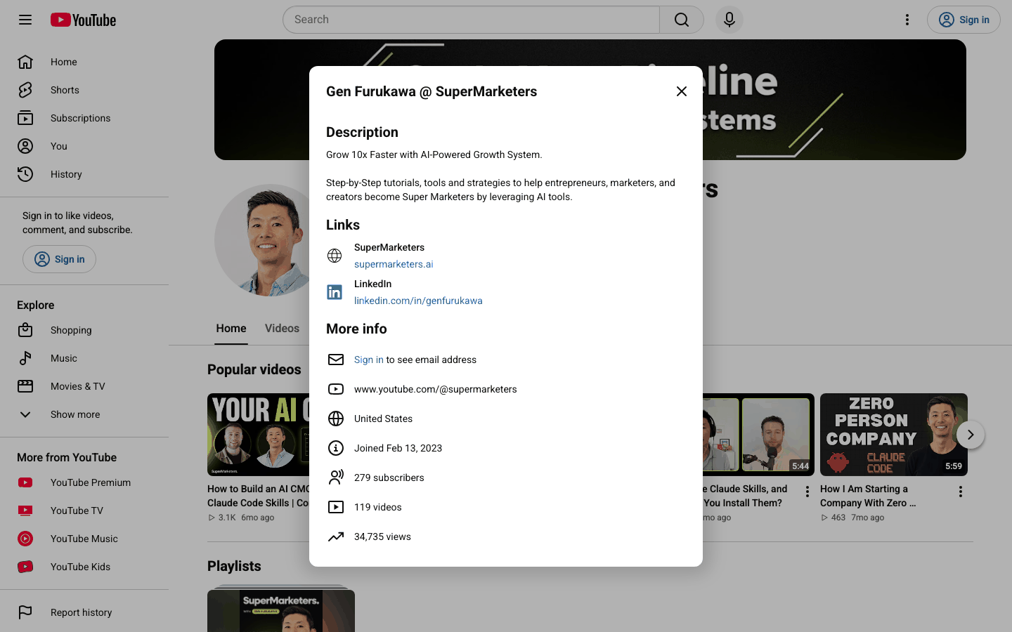 My YouTube channel description: "Grow 10x Faster with AI-Powered Growth System"
