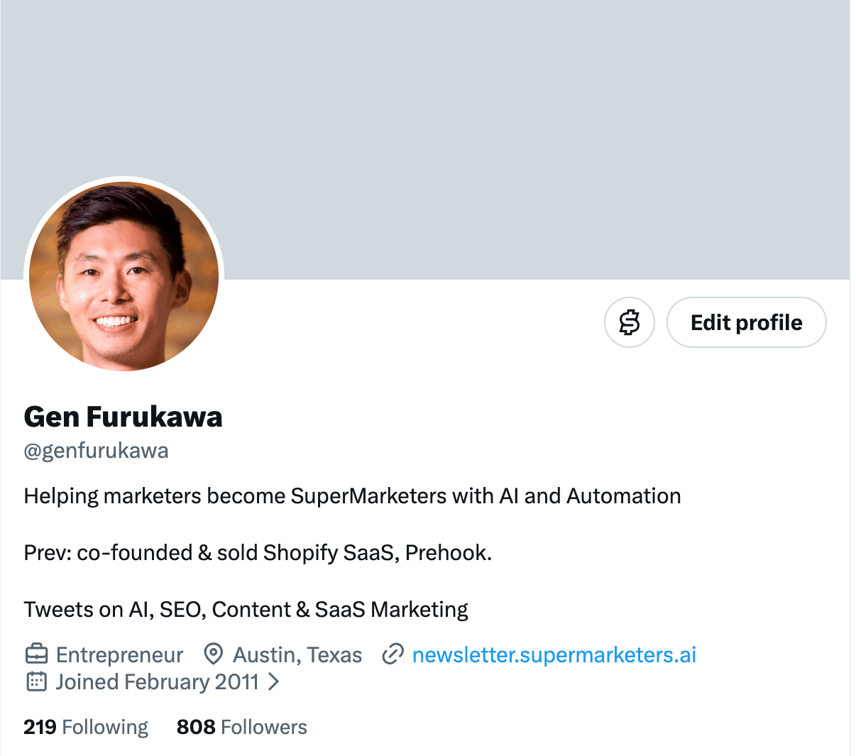 My X profile before: "Helping marketers become SuperMarketers with AI and Automation"