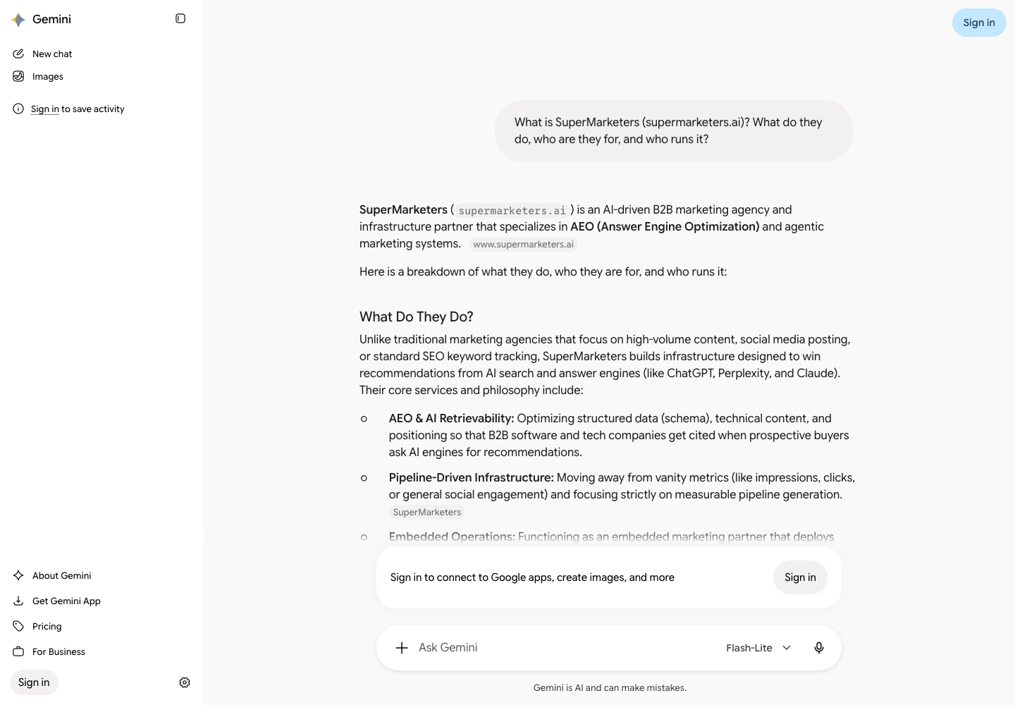 Gemini, logged out, describing SuperMarketers on October 8, 2026