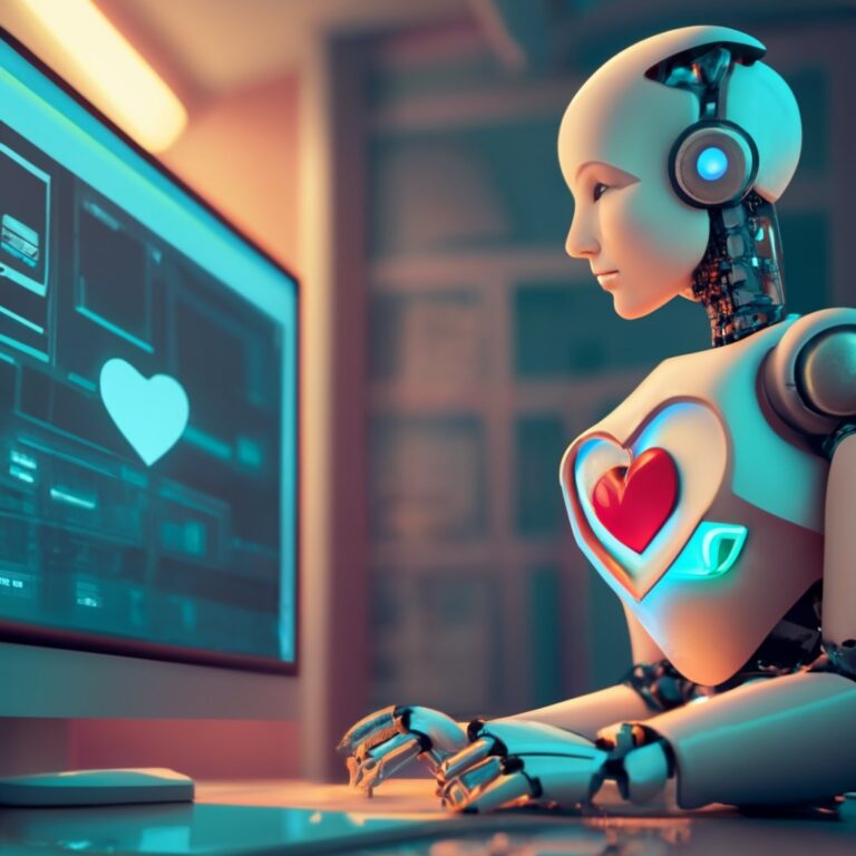 A robot with a heart symbol on its chest personalizing content on a futuristic computer, representing how AI can help create hyper-personalized experiences.