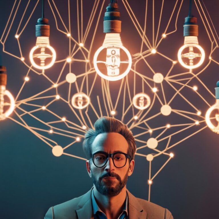 A network of interconnected lightbulbs lighting up to represent AI tools automating and optimizing various aspects of content creation and marketing.